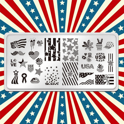 4th of July Nail Art Stamping Plates American Flag Designs Nail Stamp Templates DIY Stainless Steel Star Nail Image Polish Template Manicure Accessories for Women and Girls