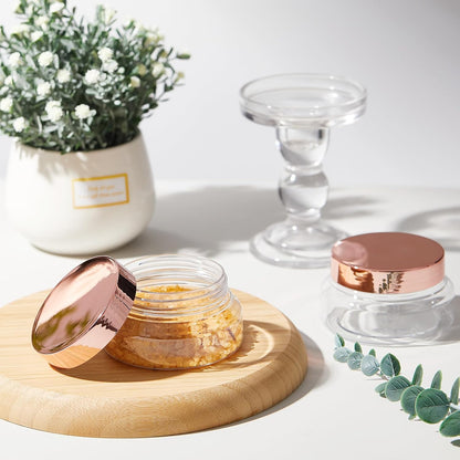 Tessco 24 Pack Plastic Jars with Lids Labels Empty Clear Plastic Jars Round Refillable Cosmetic Containers Body Butter Containers Bulk Sugar Scrub Bottle for Make Up(5 oz,Clear, Rose Gold)