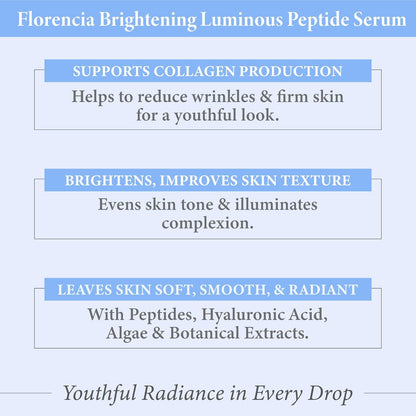 Florencia Brightening Luminous Peptide Serum - Age-Defying Face Serum with Peptides, Sodium Hyaluronate & Organic Botanicals – Helps to Reduce Wrinkles, Illuminate Complexion, 1 Oz