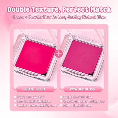 Blush Palette Duo – Cream & Powder Blush Set in Rose Red, Highly Pigmented & Blendable, Long-Wearing & Moisturizing, Skin-Friendly & Magnetic Pan, for Cheeks, Eyes & Lips (2Pack,Berry Bliss)