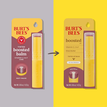 Burt's Bees Tinted Boosted Balm, Misty Mauve, Hydrating Tinted Lip Balm with Vitamin C, E, and F Core, 24 Hour Lip Moisturizer with Responsibly Sourced Beeswax, 100% Natural Origin, 1 Count, 0.16oz
