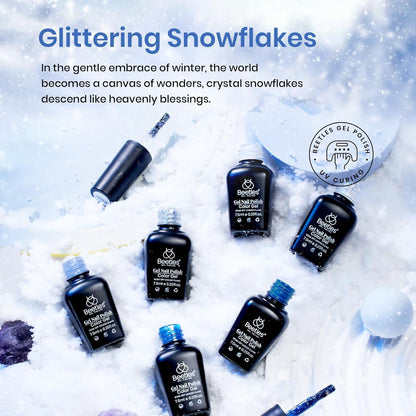 Beetles Blue Gel Polish Set, Glitter Snowflakes Collection Christmas Polish Set, White Glitter Navy Blue Silver Nails Color Gel Soak off UV LED Lamp Gift for Christmas