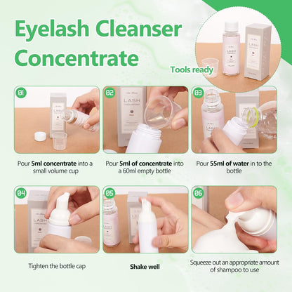 Eyelash Cleanser Concentrate 100ml Lash Extension Shampoo Oil-Free Eyelash Extension Shampoo with Salon Home Care -Makes 20 Bottles 60ml Lash Shampoo, Aloe