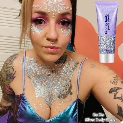 Go Ho White Silver and Gold Face Body Glitter Gel,Holographic Long Lasting Chunky Sequins Glitter Makeup for Singer Concerts,Parties,Performances,Stages,Festival Rave Accessories