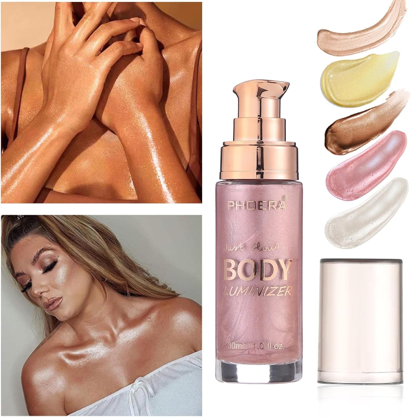 Body Shimmer Oil, Sparkle Pink Natural Glow Luminizer, Long Lasting Waterproof Moisturizing Liquid Illuminator Highlighter Makeup for a Sun-Kissed Glow, Brush Include, 1oz, Fair