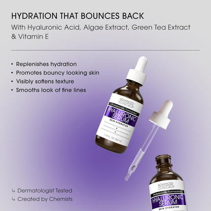 Advanced Clinicals Hyaluronic Acid Moisturizer Body Cream + Hyaluronic Acid Serum 2PC Skin Care Set | Face Serum & Body Lotion Help Diminish Appearance Of Wrinkles, Fine Lines, & Dry Skin, 2PC Bundle