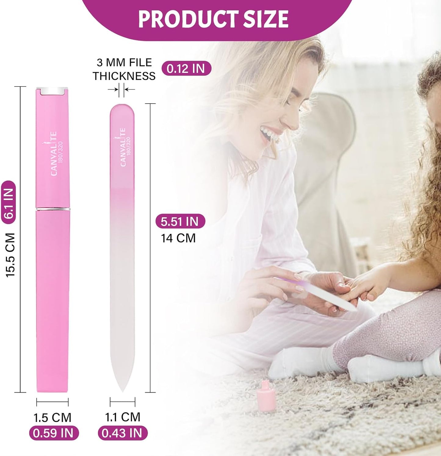 CANVALITE Glass Nail Files for Natural Nails Glass Fingernail File with Case Double Sided 180/320 Grit Stocking Stuffers for Women Girls, Pink