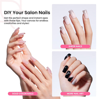 Beetles Tipex Instant Apex Nail Tips Kit Short Square , 224 Pcs Pre-Building Pre-Etched False Nail Tips with Tipex Nail Glue, Mini Nail Lamp-Thick Acrylic Nail Tips Set