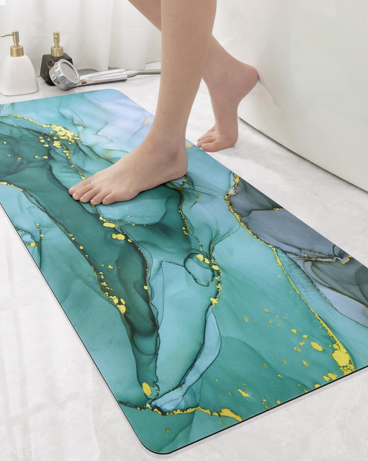 DEXI Bathroom Mat Ultra Thin, Non Slip Bath Rug for Shower Floor, Absorbent Quick Dry Marble Bathmats Low Profile, 17x43, Turquoise Green
