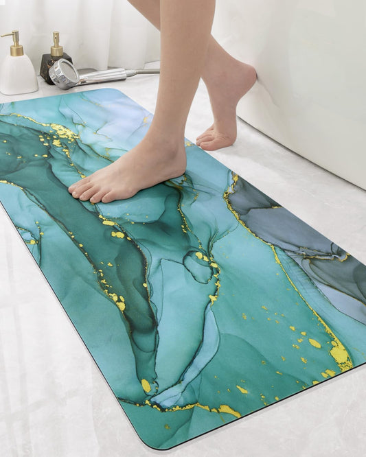 DEXI Bathroom Mat Ultra Thin, Non Slip Bath Rug for Shower Floor, Absorbent Quick Dry Marble Bathmats Low Profile, 17x43, Turquoise Green