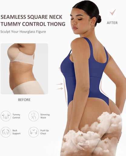FeelinGirl Bodysuits for Women Seamless Square Neck Tummy Control Compression Thong Shapewear Bodysuit Tank Tops Bodysuit