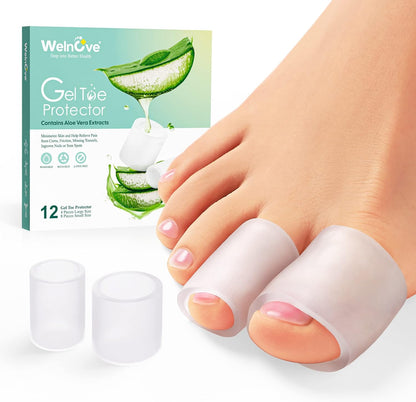 Welnove Toe Protectors – 12-Pack Aloe Vera Extract Infused Silicone Toe Sleeve Toe Covers for Hammer Toes, Corns, Calluses, Blisters – Soft Gel Protector Toe Cushions for Pain Relief (Multi-Size)