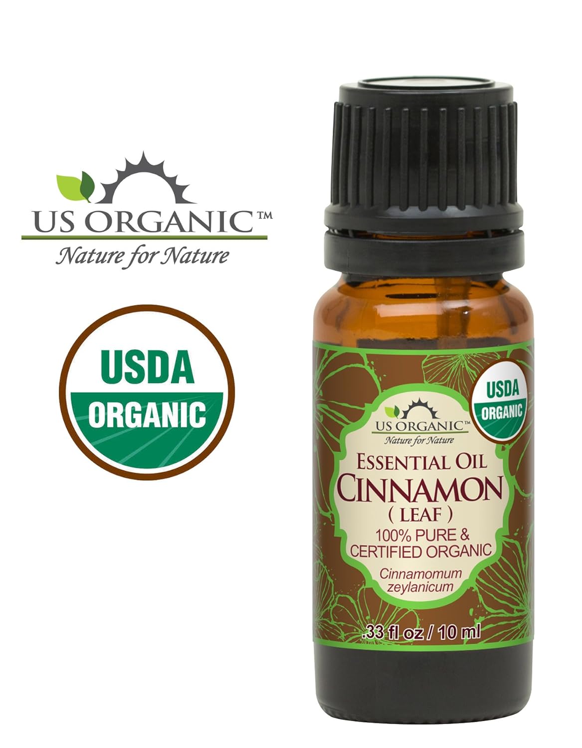 US Organic 100% Pure Cinnamon Leaf Essential Oil - USDA Certified Organic, Steam Distilled - W/Euro Dropper (More Size Variations Available) (10 ml / .33 fl oz)