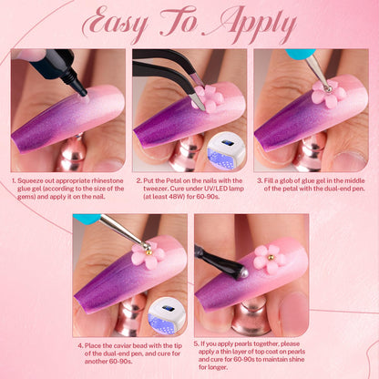 3D Nail Charms and Gems Set 6 with Rhinestone Glue, 75PCS Chunky Coquette Pink & White Bow Nail Charms + Kawaii Cute 3D Flowers for Nails + Clear & AB Glass Crystals + Flat Pearls for Y2K Nail Decor