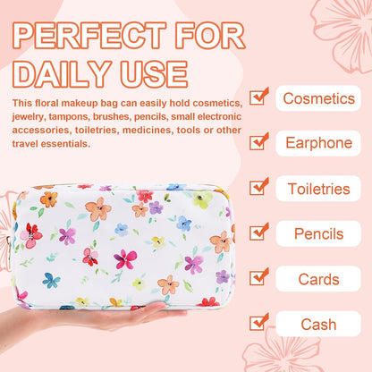 Waterproof Small Floral Makeup Bag Pouch for Purse,Nylon Flower Cosmetic Bag Preppy Travel Toiletry Storage Bag for Women Girl,Cute Makeup Organizer Bag Pouch with Zipper(Small Colorful-Flowers)
