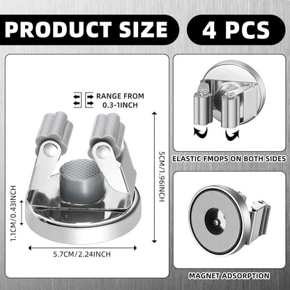 4 Pcs Magnetic Mop Broom Holder Movable Magnetic Broom Holder Rack, Anti Slip Wall Mounted Utility for Cleaning Tools, Garage, Kitchen, Laundry, Garden (Silver)