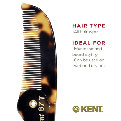 Kent 87T TY Handmade Folding Pocket Comb for Men, Fine Tooth Hair Comb Straightener for Everyday Grooming Styling Hair, Beard or Mustache, Use Dry or with Balms, Saw Cut Hand Polished, Made in England