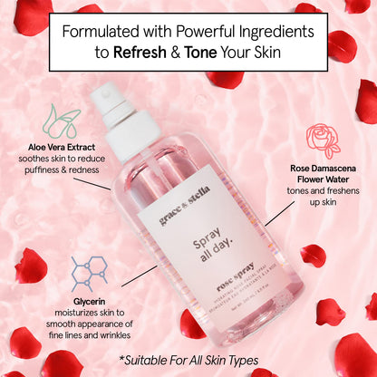 grace & stella Award Winning Rose Water Spray for Face with Glycerin & Aloe Vera - Travel Size (30ml) - Rosewater Face Mist for All Skin Types - Hydrating, Calming, Rejuvenating Facial Toner - Vegan