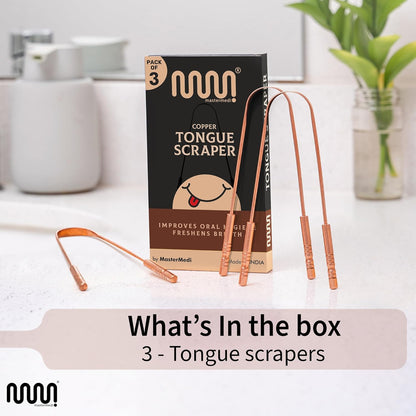MasterMedi Pure Copper Tongue Scraper for Adults, Tongue Scrubber for Bad Breath, Easy to Use, Tongue Cleaner for Oral Care & Hygiene (Copper Pack of 3)