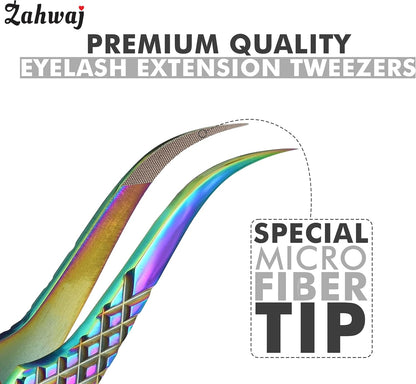 Lash Tweezers - Set of 5 Diamond Grip Eyelash Tweezers - Stainless Steel Professional Fiber Tip Lash Tweezer for Eyelash Extensions (Rainbow)
