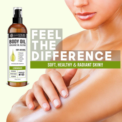 pureSCRUBS Ultra Moisturizing Lemongrass Body Oil Spray for Dry Skin, Massage, & More, Organic Super Blend of Jojoba, Argan, Coconut, Sweet Almond & Avocado Oils Enriched with Vitamin E, Lg 4oz