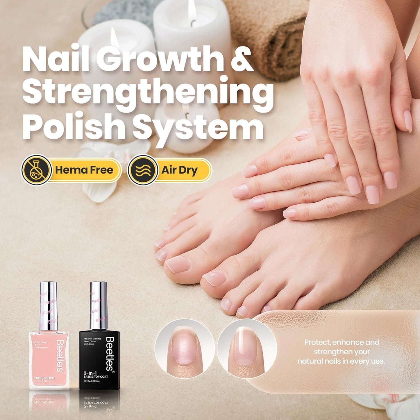 Beetles Sheer Light Nude Pink Nail Polish With 2 in 1 Base & Top Coat Set, Fast Drying & Nail Strengthen, Nail Lacquer Peach Liqueur, No UV Lamp Needed Nail Art Gifts for Women