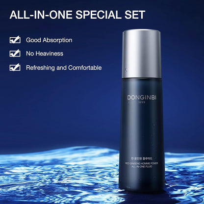 Donginbi Red Ginseng Homme All-in-One Special Set - Hydrating Korean Red Ginseng Essence(4.06 floz), Glycolic & Squalane Acid Face Wash, AHA Exfoliant, Korean Skin Care Set Gifts for Men