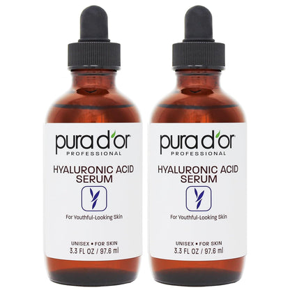 PURA D'OR Hyaluronic Acid Serum For Deep Hydration (3.3oz x2 = 6.6oz) Anti-Aging, Plumping & Moisturizing Formula For Smooth, Supple Skin - Natural Skincare Boost - Fine Lines & Wrinkle Reducer