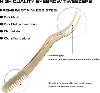 2 in 1 Lash Tweezer with Comb, Eyelash Extension, Stainless Steel Elbow Tweezers, Precise Eyebrow Tweezers Tool, Lashes Tweezer Applicator for DIY Applying False Eyelashes Clusters, Gold