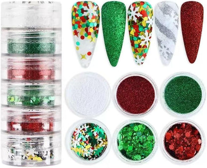 12 Grids Christmas Nail Sequins Glitter Powder 3D Snowflake Xmas Tree Glitter Flake Nail Art Design Winter Nail Supplies Decorations Charms Nails Art Stickers for Women DIY Manicure