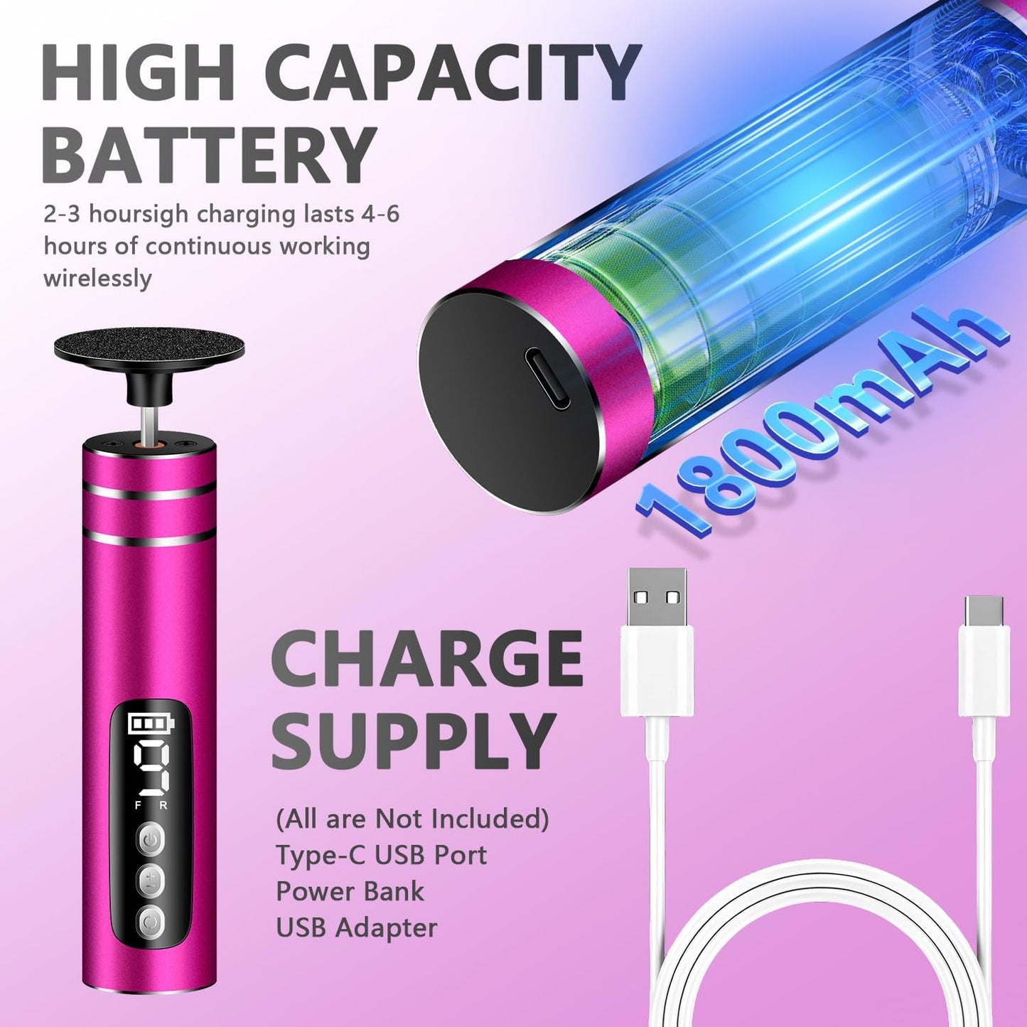 EAONE Portable Electric Foot File-Callus Remover for Feet, Professional 2 in 1 Foot/Nail Filer -Digital Display for Battery Level & 9 Speed Control-Rechargeable Pedicure Tool for Dead Skin (Black)