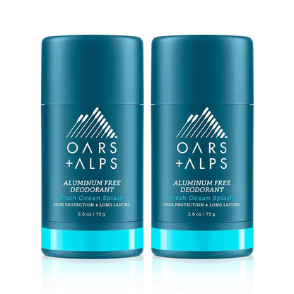 Oars + Alps Aluminum Free Deodorant for Men and Women, Dermatologist Tested and Made with Clean Ingredients, Vegan, Fresh Ocean Splash, 2 Pack, 2.6 Oz Each