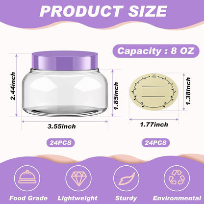 Tessco 24 Pack Plastic Jars with Lids Labels Empty Clear Plastic Jars Round Refillable Cosmetic Containers Body Butter Containers Bulk Sugar Scrub Bottle for Make Up(8 oz,Purple)
