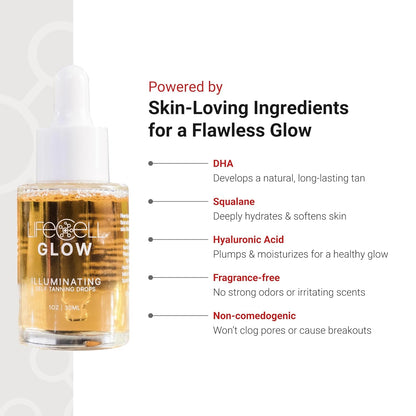 LifeCell Glow Self-Tanning Drops for Face & Body, DHA & Squalane Formula, Customizable Tan, Streak-Free, Hydrating, Fragrance-Free, Non-Comedogenic, Safe for All Skin Types, 1 Fl Oz