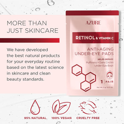 AZURE Retinol & Vitamin C Anti Aging Under Eye Pads - Hydrating & Refreshing Eye Mask Patches - Reduces Fine Lines, Wrinkles, Dark Circles & Puffiness - Skin Care Made in Korea - 5 Pairs