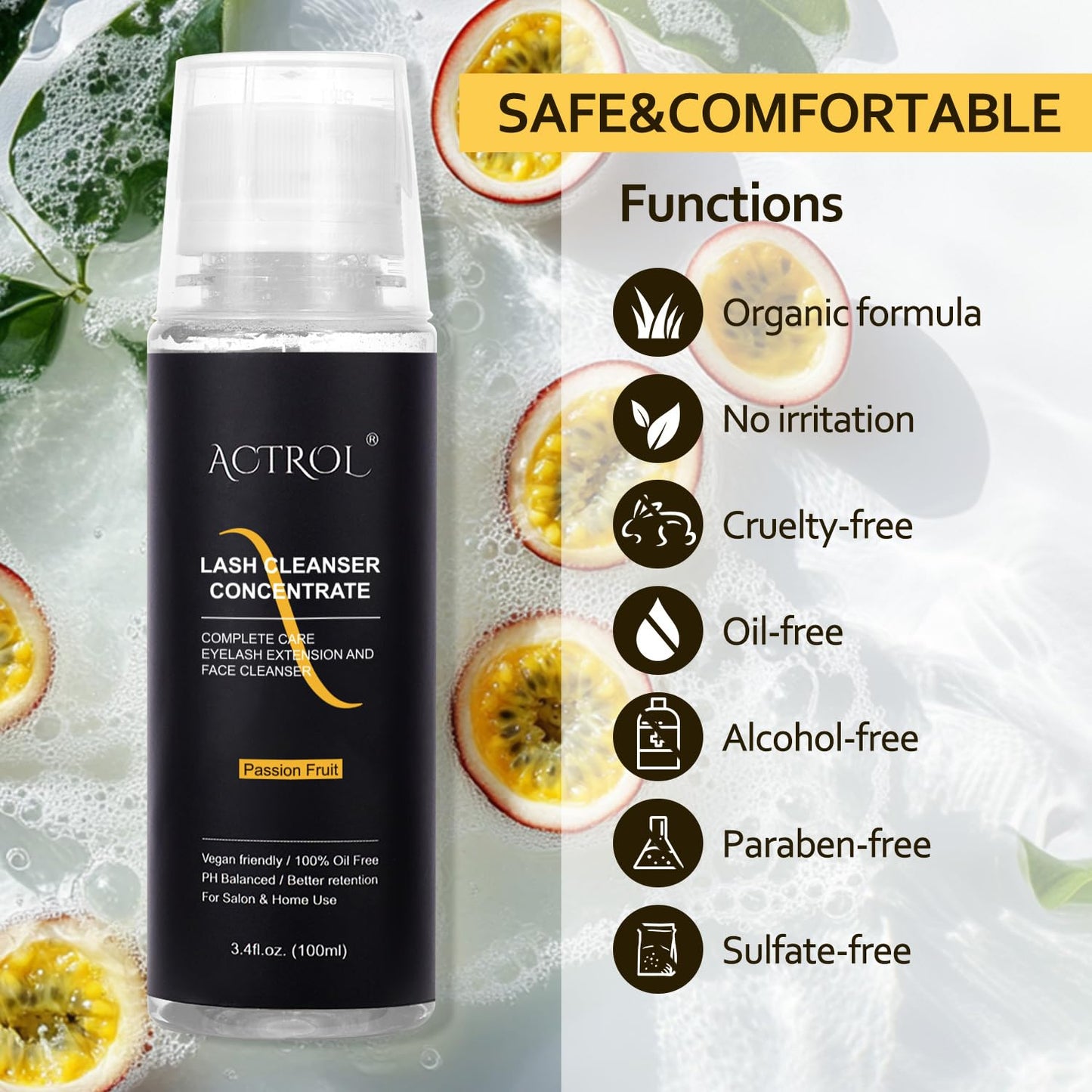 Eyelash Cleanser Concentrate 100ml Passion Fruit Professional Lash Shampoo Foaming Cleanser Lash Wash Concentrate for Extensions Lashes with Salon Home Care-Makes 40 Bottles Passion Fruit
