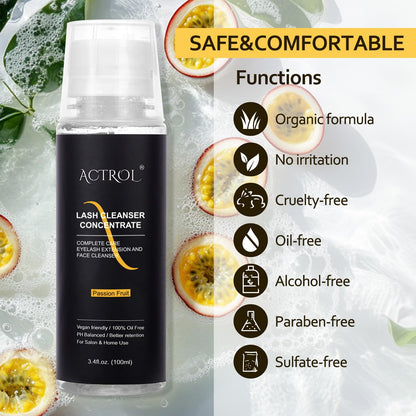 Eyelash Cleanser Concentrate 100ml Passion Fruit Professional Lash Shampoo Foaming Cleanser Lash Wash Concentrate for Extensions Lashes with Salon Home Care-Makes 40 Bottles Passion Fruit