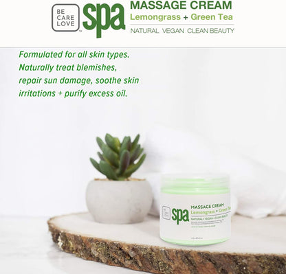 BCL SPA Massage Cream organic Lemongrass + Green Tea body lotion with shea butter, aloe vera, peppermint, argan and jojoba oils body cream to soothe, calm & revitalize the skin. Home/Pro use 16 fl oz