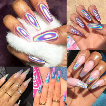 Holographic Nail Powder Fine Rainbow Holo Unicorn Mirror Laser Effect Multi Chrome Manicure Pigment Glitter Dust for Salon Home Nail Art DIY Deco, 0.04oz/1g, Sponge Tool/3pcs