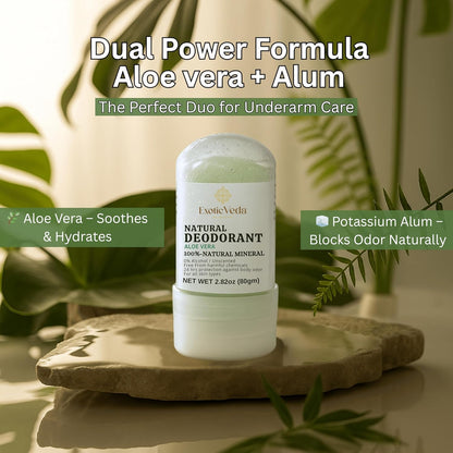 Alum Aloe Vera Deodorant Stick | 100% Natural Mineral Salt Roll-On | Alcohol & Chemical-Free | 24-Hour Odor Protection | Gentle on Sensitive Skin | Travel-Friendly, 80g (2.82 oz)