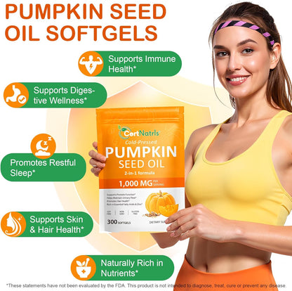 Pumpkin Seed Oil with Saw Palmetto (1000mg per Serving), Cold-Pressed Pumpkin Seed Oil for Hair Growth, Prostate Health, Urinary Tract Support, 300 Softgels Supplement of Essential Fatty Acids