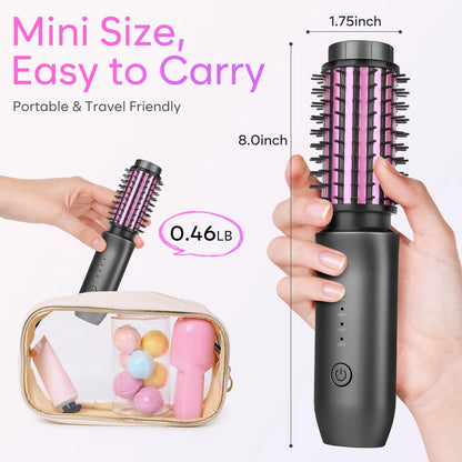 Cordless Curling Iron Brush, 2024 New Portable Travel Curling Iron Mini Brush for Women, 7000Mah USB Rechargeable Curling Wand Brush with Negative Ion, Gray
