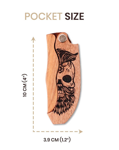 Beard Comb for Men Pocket Folding Combs for Mustache & Hair Travel Natural Wooden Comb with Real Man Engraving - Perfect for Use w/Beard Balm Oil (Wavy Half Skull) (Model WV)