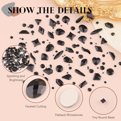 2750Pcs Black Glass Nail Rhinestones 240Pcs Multi Shapes Flatback Nail Gems + 2510Pcs 1.5-4mm Round Crystal, Manicure Nail Charms Diamond Gemstones for Acrylic Nails Decoration