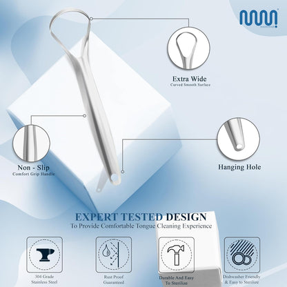 MasterMedi Tongue Scraper for Adults, 100% Stainless Steel for Bad Breath, Easy to Use, Tongue Cleaner for Oral Care (Pack of 3 with 1 Case)