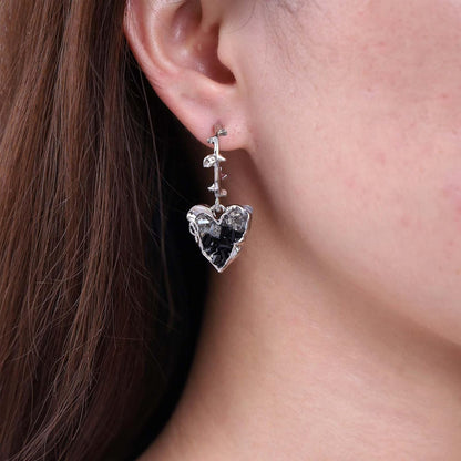 Punk Heart Dangle Earrings Black Onyx Heart Earrings Silver Open Circle Hoop Earrings Gothic Heart Drop Earrings Jewelry for Women