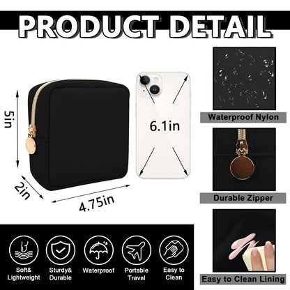 Waterproof Mini Makeup Bag for Purse,Small Cosmetic Pouch Nylon Travel Toiletry Organizers Bag for Women Girls,Cute Zipper Preppy Coin Purse for Work(Mini-Black)