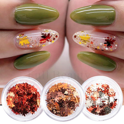 3D Maple Leaf Glitter Nail Sequins Fall Nail Stickers Autumn Nail Glitters Holographic Vintage Maple Leaves Nail Designs Thanksgiving Nail Decals for Manicure Decoration