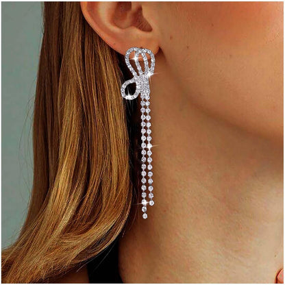Vintage Crystal Chandelier Drop Earrings Long Rhinestone Chain Earrings Silver Cz Bow Tassel Earrings Sparkly Bridal Tennis Chain Earrings Jewelry for Women