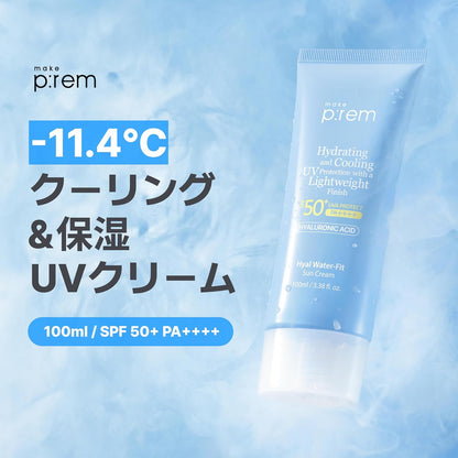 MAKE P:REM Hyal Water-Fit Sun Cream, Law-Irritation Hydrating Face & Body Sunscreen, SPF 50+ PA++++, Korean Sunscreen, 3.38 fl.oz., 100ml